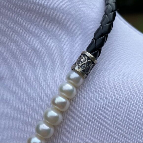 NECKLACE FRESHWATER PEARLS BLACK BRAIDED LEATHER 925 STERLING SILVER 17” - Picture 4 of 9